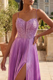 Purple A Line Appliqued Pleated Long Ball Dress with Slit