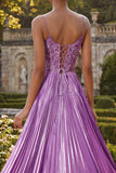 Purple A Line Appliqued Pleated Long Ball Dress with Slit