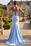 Blue Beaded Mermaid Satin Long Ball Dress with Slit