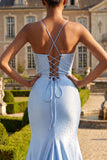Blue Beaded Mermaid Satin Long Ball Dress with Slit