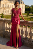 Burgundy Sequin Appliqued Mermaid Long Ball Dress with Slit