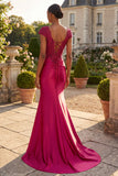 Burgundy Sequin Appliqued Mermaid Long Ball Dress with Slit