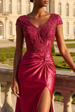 Burgundy Sequin Appliqued Mermaid Long Ball Dress with Slit