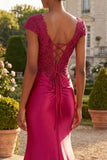 Burgundy Sequin Appliqued Mermaid Long Ball Dress with Slit