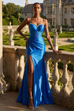 Royal Blue Mermaid Beaded Corset Long Ball Dress with Slit