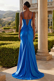 Royal Blue Mermaid Beaded Corset Long Ball Dress with Slit