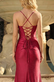 Burgundy Mermaid Beaded Corset Lace Up Back Long Ball Dress with Slit