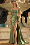 Mermaid Grass Green Beaded Sheer Corset Long Ball Dress with Slit