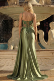Mermaid Grass Green Beaded Sheer Corset Long Ball Dress with Slit