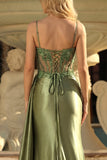 Mermaid Grass Green Beaded Sheer Corset Long Ball Dress with Slit