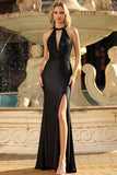 Black Cut Out Appliqued Mermaid Ball Dress with Slit