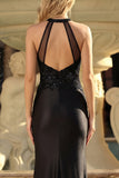 Black Cut Out Appliqued Mermaid Ball Dress with Slit