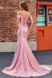 Blush Cold Shoulder Ruched Mermaid Satin Ball Dress