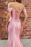 Blush Cold Shoulder Ruched Mermaid Satin Ball Dress