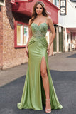 Green Corset Mermaid Spaghetti Straps Satin Long Ball Dress with Slit