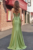 Green Corset Mermaid Spaghetti Straps Satin Long Ball Dress with Slit