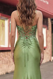 Green Corset Mermaid Spaghetti Straps Satin Long Ball Dress with Slit