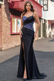 Black Beaded Mermaid Satin Ball Dress with Slit