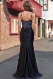 Black Beaded Mermaid Satin Ball Dress with Slit