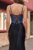 Black Beaded Mermaid Satin Ball Dress with Slit