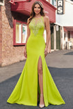 Round Neck Appliqued Mustard Yellow Mermaid Ball Dress with Slit