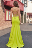 Round Neck Appliqued Mustard Yellow Mermaid Ball Dress with Slit