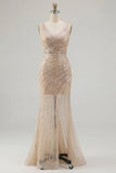 Gold V-Neck Mermaid Sequin Ball Dress with Slit