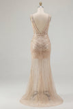 Gold V-Neck Mermaid Sequin Ball Dress with Slit