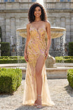 Sparkly Gold Spaghetti Straps Mermaid Ball Dress with Slit