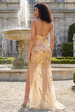 Sparkly Gold Spaghetti Straps Mermaid Ball Dress with Slit