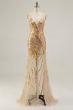 Sparkly Gold Spaghetti Straps Mermaid Ball Dress with Slit