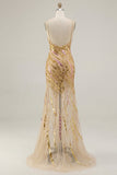 Sparkly Gold Spaghetti Straps Mermaid Ball Dress with Slit