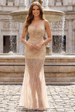 Gold V-Neck Sheer Mermaid Sequin Ball Dress