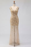 Gold V-Neck Sheer Mermaid Sequin Ball Dress