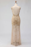 Gold V-Neck Sheer Mermaid Sequin Ball Dress