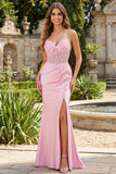 Pink Floral Mermaid Corset Ball Dress with Slit