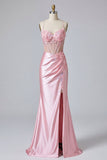Pink Floral Mermaid Corset Ball Dress with Slit