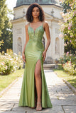 Green Appliqued Mermaid Ball Dress with Slit
