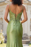 Green Appliqued Mermaid Ball Dress with Slit