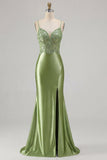 Green Appliqued Mermaid Ball Dress with Slit