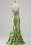 Green Appliqued Mermaid Ball Dress with Slit