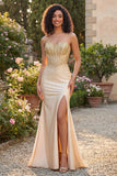 Sweetheart Champagne Beaded Mermaid Corset Long Ball Dress with Slit