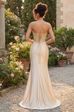 Sweetheart Champagne Beaded Mermaid Corset Long Ball Dress with Slit