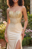 Sweetheart Champagne Beaded Mermaid Corset Long Ball Dress with Slit