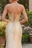 Sweetheart Champagne Beaded Mermaid Corset Long Ball Dress with Slit
