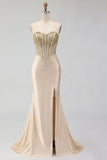 Sweetheart Champagne Beaded Mermaid Corset Long Ball Dress with Slit