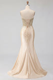 Sweetheart Champagne Beaded Mermaid Corset Long Ball Dress with Slit
