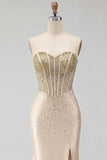Sweetheart Champagne Beaded Mermaid Corset Long Ball Dress with Slit