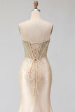 Sweetheart Champagne Beaded Mermaid Corset Long Ball Dress with Slit