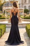 Black Beaded Mermaid Corset Ruched Long Ball Dress with Slit